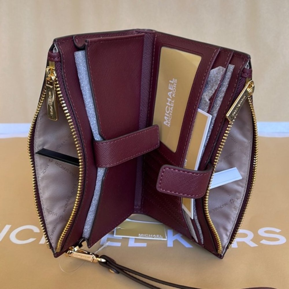 Michael Kors Jet Set Travel Large Double Zip Wristlet Wallet Dark Cherry Leather - Picture 10 of 16